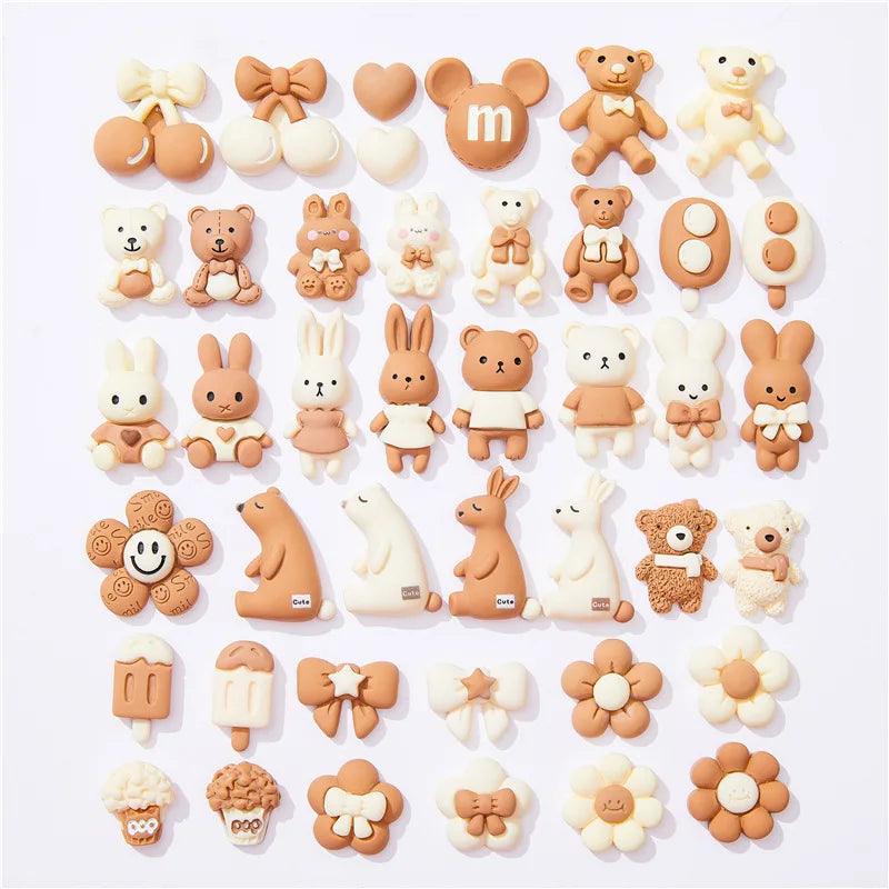 10pcs Cartoon Beige Coffee Bear Rabbit Resin Cabochon Flatbacks Fit Phone Deco Parts Kawaii DIY Embellishments Accessories - Twinsupliers