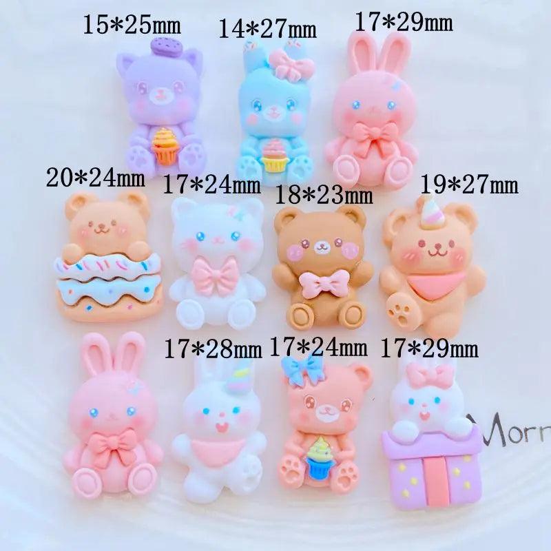 10Pcs New Cute Resin Cartoon Small Rabbit Bear Series Flat Back Fit Phone Deco Parts Embellishments for Hair Bows Accessories - Twinsupliers