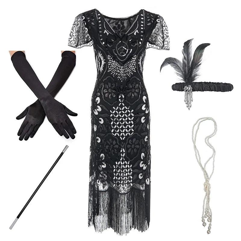 1920s Flapper Roaring Plus Size 20s Great Gatsby Fringed Sequin Beaded Dress and Embellished Art Deco Dress Accessories XXXL - Twinsupliers