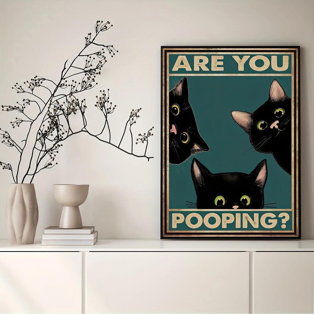 1pc Canvas Painting Print Poster Funny Triple Black Cat Peeking, Retro Sneaking Cat Poster, Are You Pooping Wall Art Home Deco - Twinsupliers