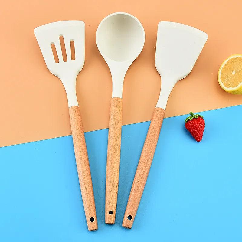 1pc silicone kitchenware set with short wooden handle, non stick pot, spoon, spatula, food clip, scraper, oil brush creamy white - Twinsupliers