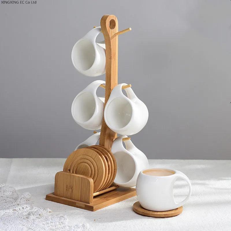 200ml Ceramic Coffee Cup Household Mug Creative Simple Hanging Cold Water Cup Set Kitchen Restaurant Tea Set Bamboo Wood Stand - Twinsupliers