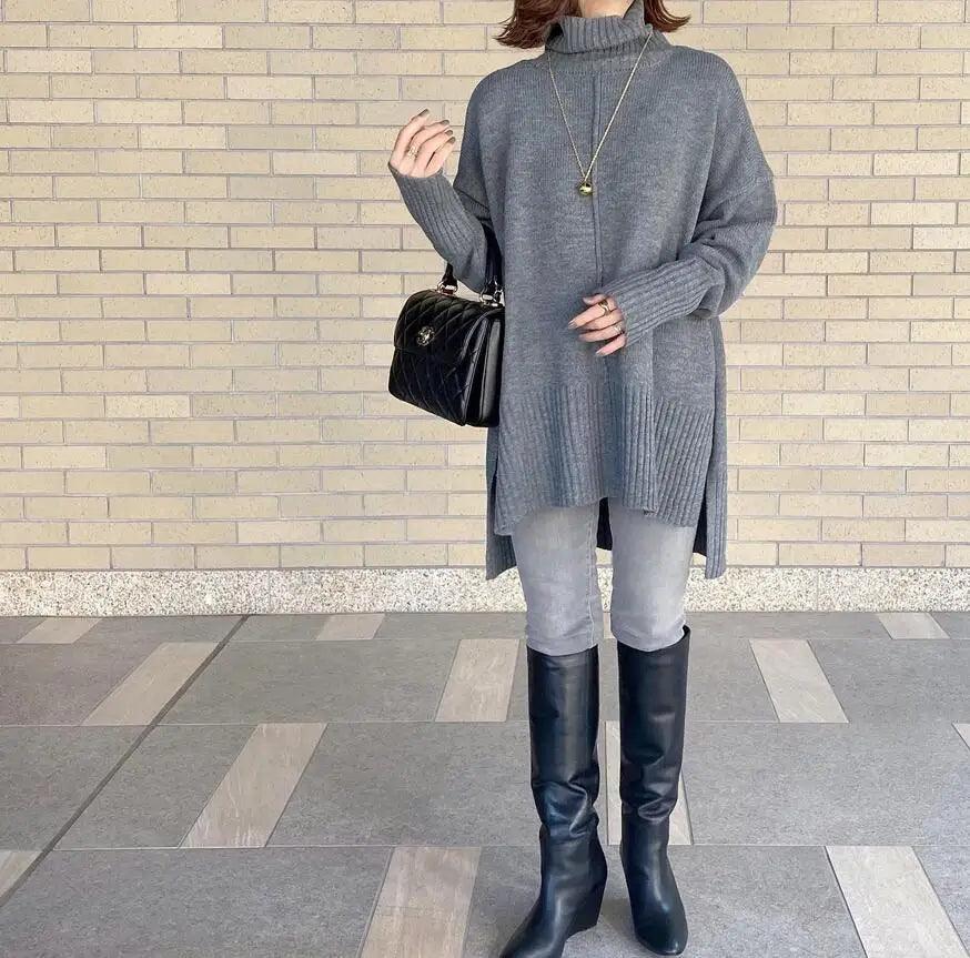 2023 Autumn/Winter New Hot Selling Loose Fit Women's Wear Slim Japanese High Collar Front Short Back Long Sweater Split Gray Top - Twinsupliers