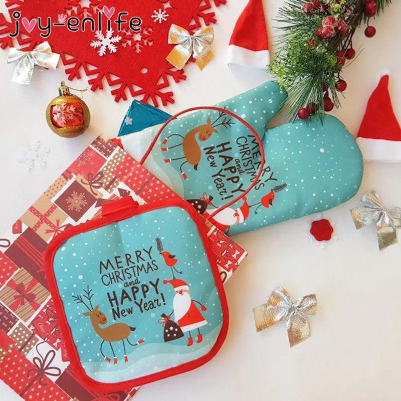 2pcs/set Christmas Baking Anti-Hot Gloves Pad Oven Dining BBQ Kitchen Mat New Year 2021 Natal Xmas Party Decoration Supplies - Twinsupliers