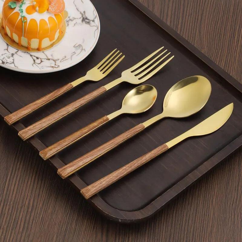 30pcs Stainless Steel Imitation Wooden Handle Cutlery Set Dinnerware Clamp Western Tableware Knife Fork Tea Spoon - Twinsupliers