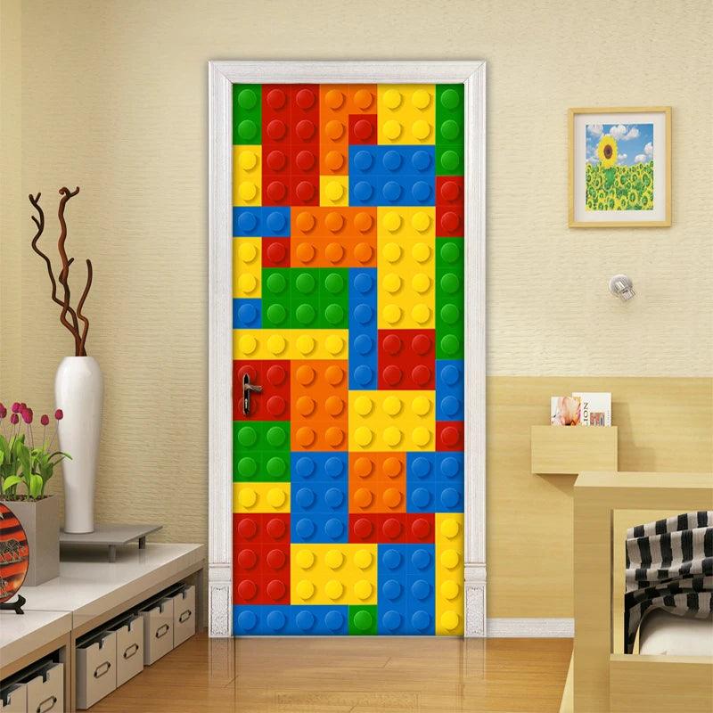 3D Wall Mural Wallpaper Kids Room Cartoon Brick Children Room Bedroom Decoration Self-adhesive Door Sticker PVC Mural Waterproof - Twinsupliers