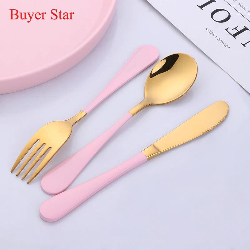 3Pcs/set Kids Cutlery Set Tableware Stainless Steel dinnerware Spoon Fork Knife Kit Children Feeding Dining Kitchen Utensils Set - Twinsupliers