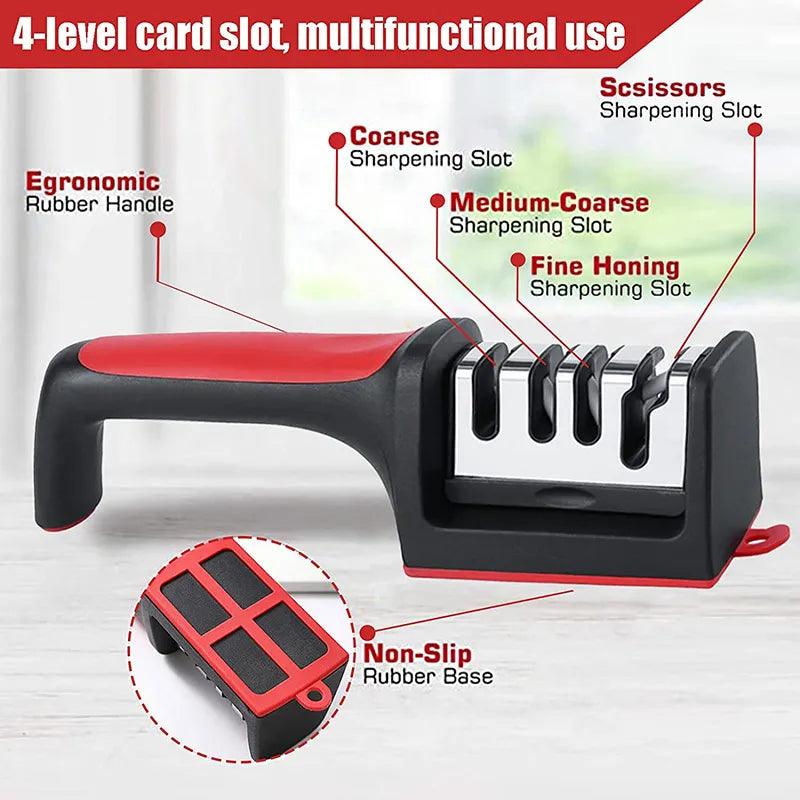 4-in-1 Knife Sharpener Stainless Steel Quick Knife Sharpening Tool Stable Non-Slip Base for kitchen knives Grip Rubber Handle - Twinsupliers