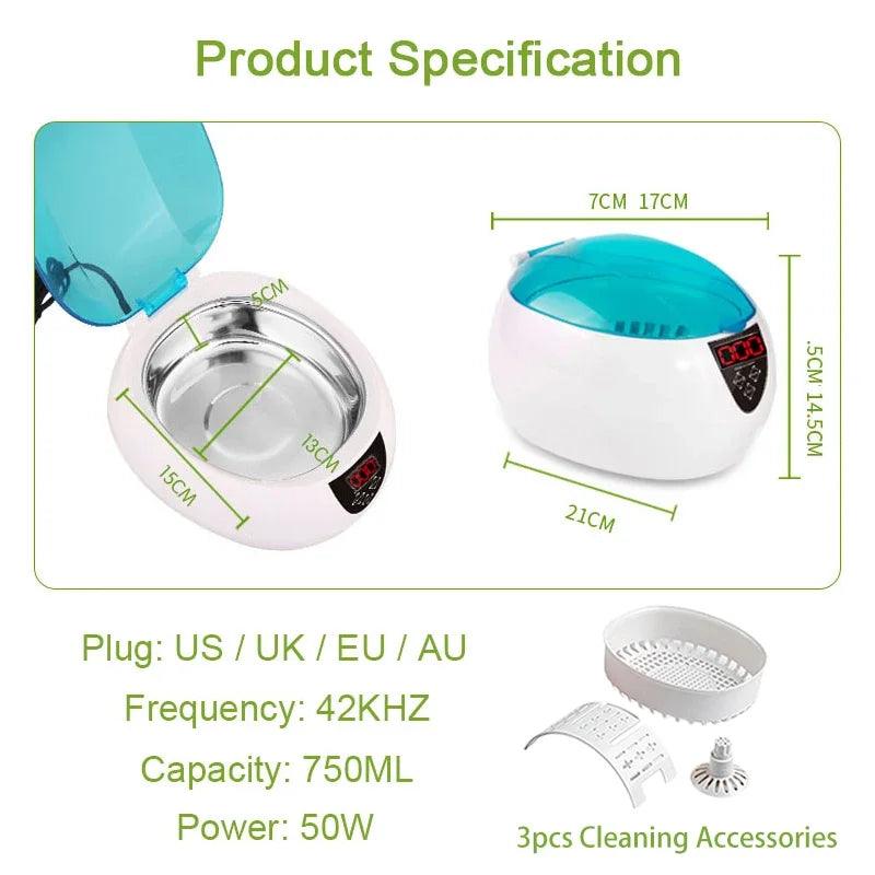 750ML Home Ultrasonic Cleaner Proffesional Jewelry Cleaners 5 Timers Glasses Watches Denture Keys Razor Brush Cleaning Machine - Twinsupliers