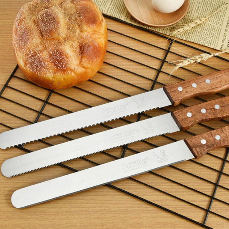 8 10 12 inches Stainless Steel Bread Serrated Knife Wooden Handle Cake Spatula Baguette Kitchen Slicing Baking Cooking Tools - Twinsupliers