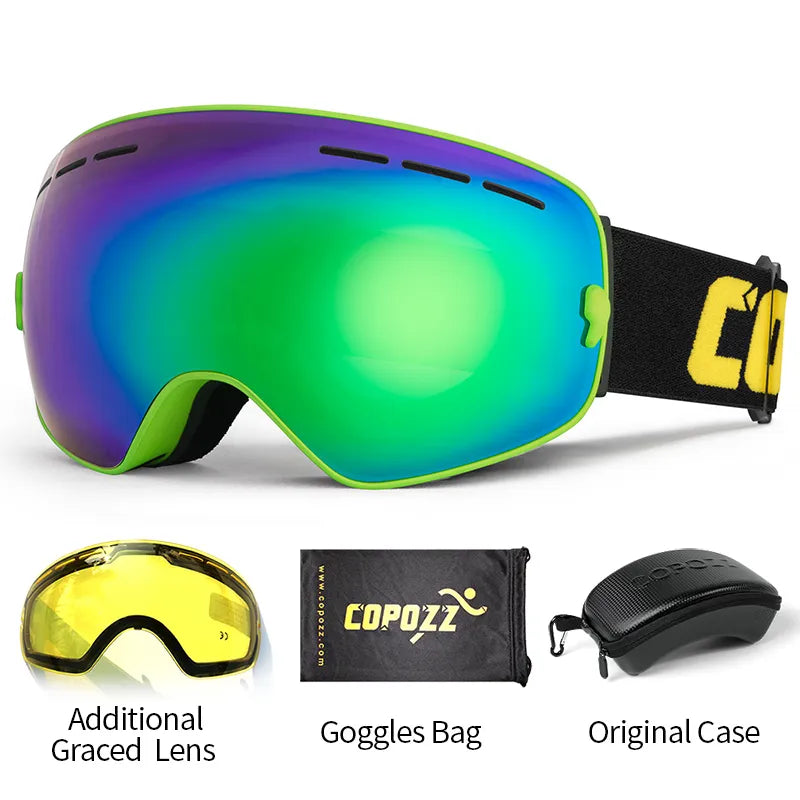 COPOZZ Ski Goggles with Case & Yellow Lens UV400 Anti-fog Spherical Ski Glasses Skiing Men Women Snow Goggles + Lens + Box Set