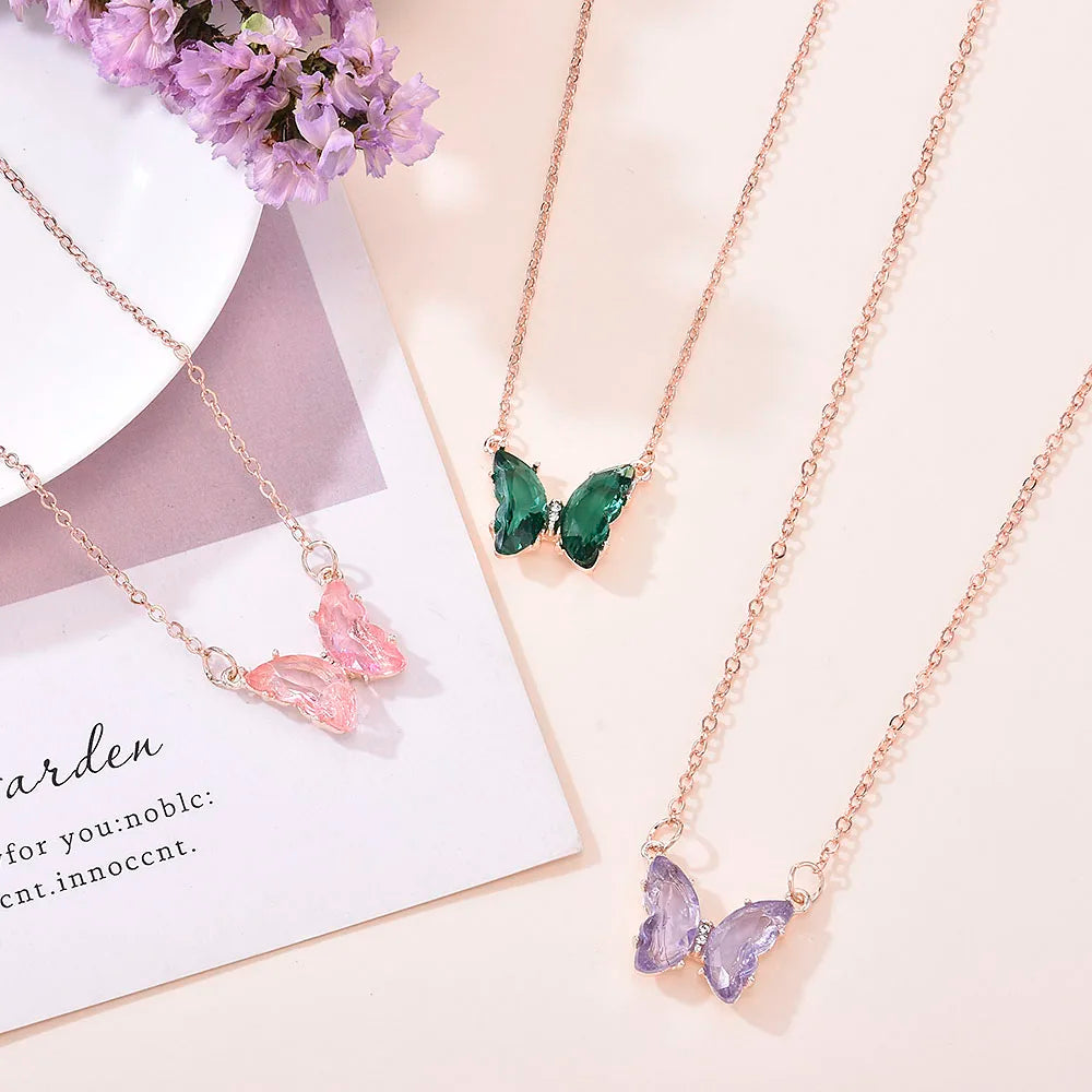 New Korean Super Fairy Girl Fantasy Glass Crystal Butterfly Pendant Necklace Female Clavicle Chain Popular Necklace