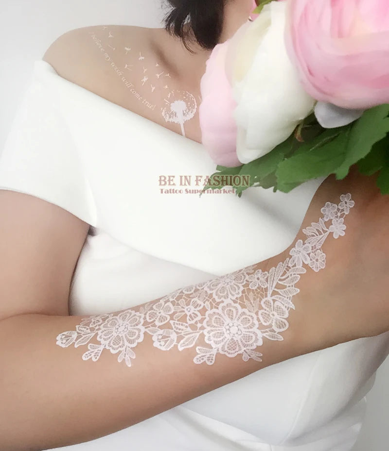 1sheet White Lace Henna Flash Tattoo Butterfly Feather Fake Temporary Tatoo Sticker Summer Style Body Art Beauty Jewelry J017