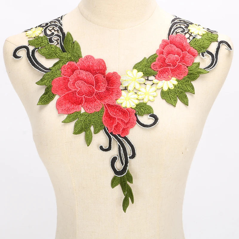 1Pc 3D Embroidered Fabric Yellow Rose Flower Venise Lace Sewing Applique Lace Collar Neckline Collar Applique Accessories