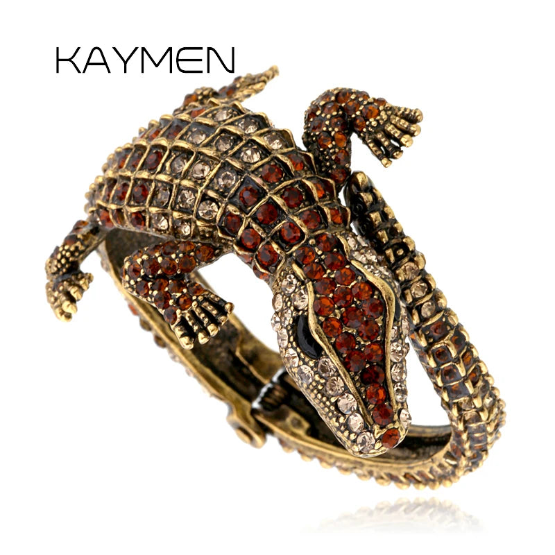 New Fashion Animal Style Vintage Crocodile Bangle Bracelet Antique Golden Plated Full Rhinestones Cuff Bangle Jewelry 4 Colors