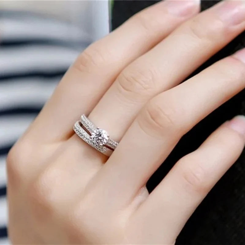 CC Rings For Women Silver Color Double Stackable Fashion Jewelry Bridal Sets Wedding Engagement Ring Accessory CC634