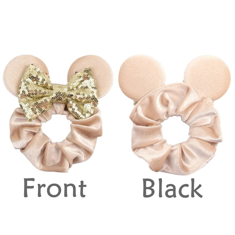 Disney Mouse Ears Velvet Scrunchies Hairband Women Elastic Ponytail Holder Girls Sequin Bow 2024 Kids Party DIY Hair Accessories