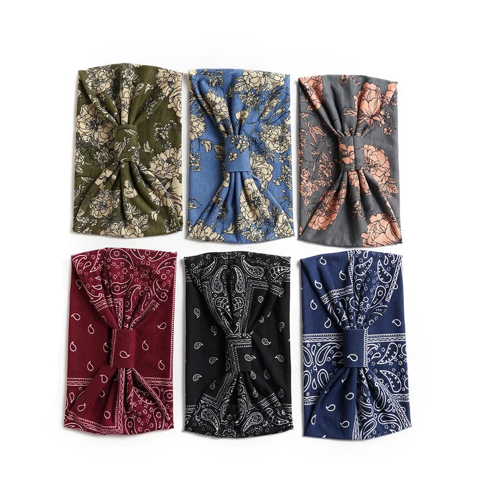 New Boho Flower Print Wide Headbands Vintage Knot Elastic Turban Headwrap for Women Girls Cotton Soft Bandana Hair Accessories