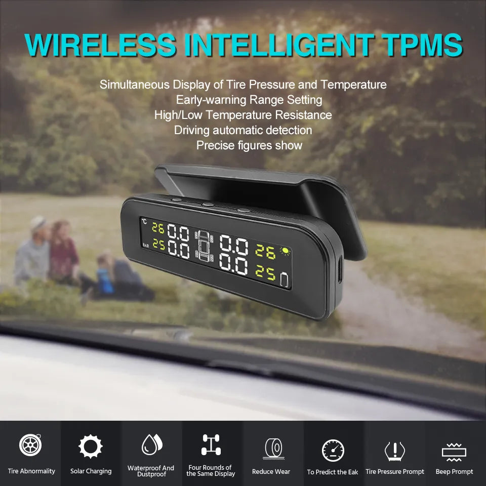 Acceo Smart TPMS Car Tire Pressure Alarm Monitor System 4 Sensors  Display Solar Intelligent Tyre Pressure Temperature Warning