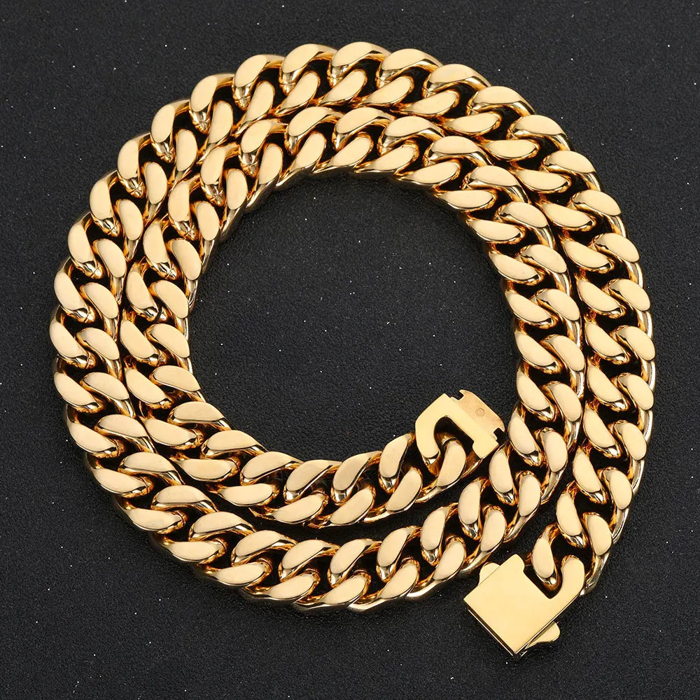 Nuoya Hip Hop Jewelry Gold Plated Stainless Steel Men Flat 4 Side Curb Cuban Link Chain Necklace