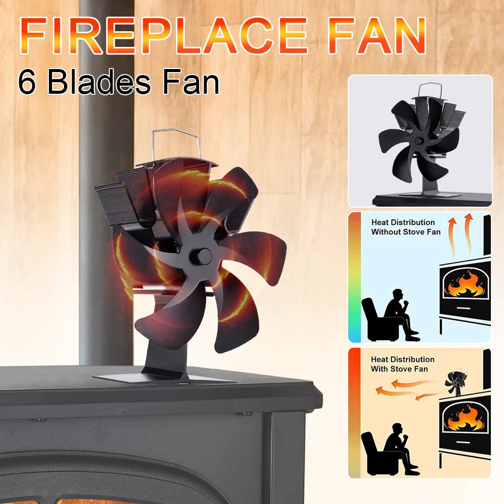 6 Blades Heat Powered Stove Fan Log Wood Burner Eco-fan Quiet Fireplace Fan Winter Warm Home Heater Efficient Heat Distribution