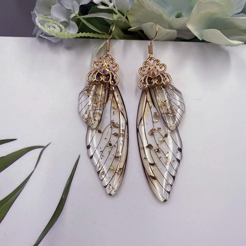 Handmade Fairy Clear Resin Simulation Wing Earrings Foil Rhinestones Butterfly Drop Earrings Romantic Wedding Bridal Jewelry