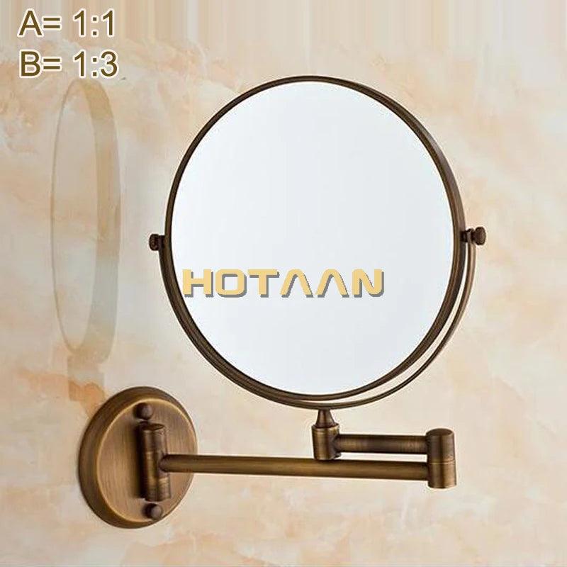 Antique 8" Double Side Bathroom Folding Brass Shave Makeup Mirror Wall Mounted Extend with Arm Round 1x3x Magnifying YT-9102-F - Twinsupliers