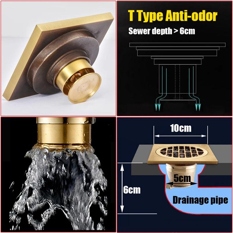 Antique Brass Bathtub Shower Drainer Floor Strain Euro Style Flower Art Carved Floor Drains Square Floor Drain Strainer 10*10cm - Twinsupliers