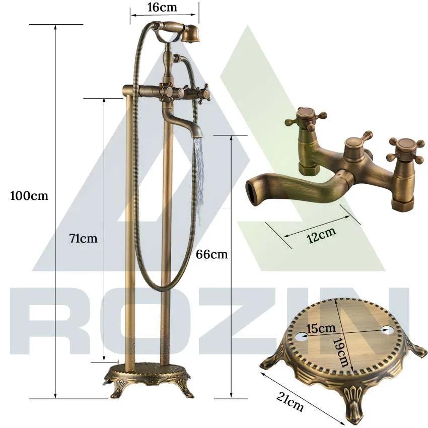 Antique Brass Floor Mounted Tub Sink Faucet Dual Handle Bathroom Bath Shower Set Freestanding Bathtub Mixer Tap with Handshower - Twinsupliers