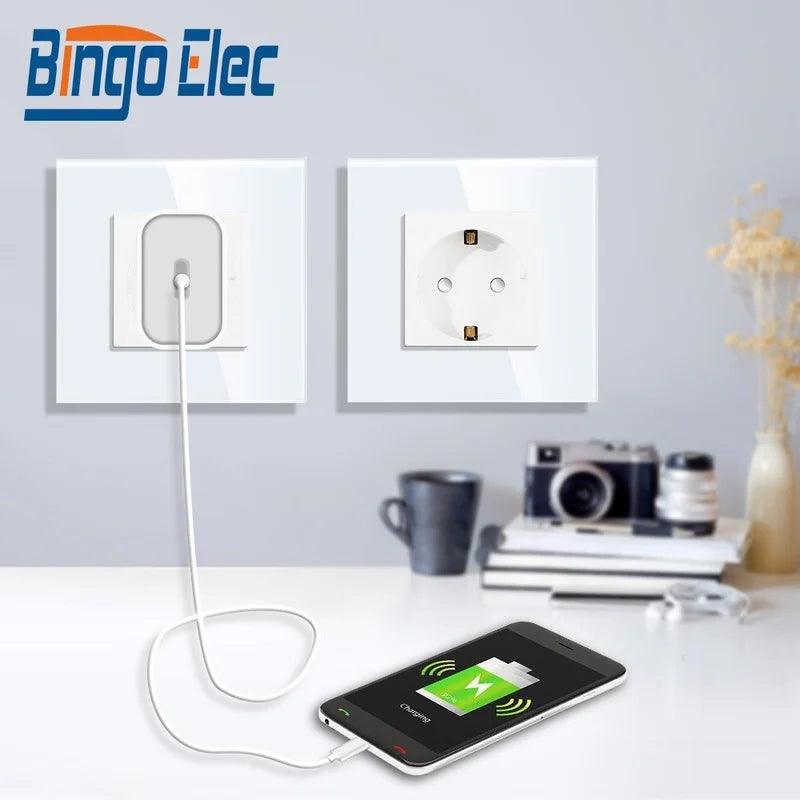 Bingoelec EU Standard 16A Wall Socket White Black Single Mirror Crystal Glass Panel Plug Electrical Outlet For Home Improvemet - Twinsupliers