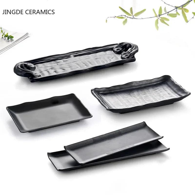 Black Scrub Striped Barbecue Meat Sushi Plate Melamine Kitchen Cutlery Korean Cuisine Saury Fruit Dessert Sushi Storage Plate - Twinsupliers