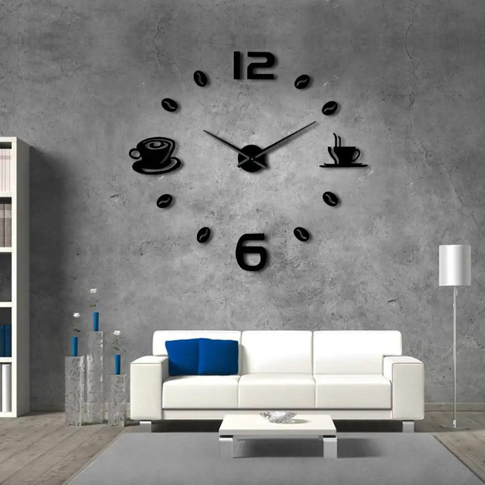 Cafe DIY Large Wall Clock Frameless Giant Wall Clock Modern Design Cafe Coffee Mug Coffee Bean Wall Decor Kitchen Wall Watch - Twinsupliers