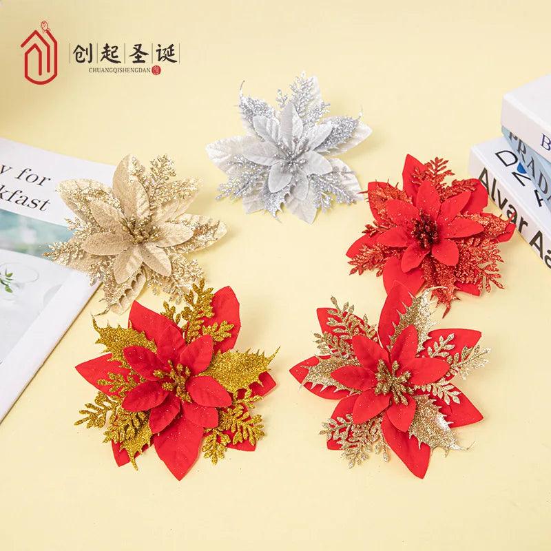 Christmas Flowers Christmas Tree Decorations Home Glitter Artifical Fake Flower Xmas Ornaments New Year Deco - Twinsupliers