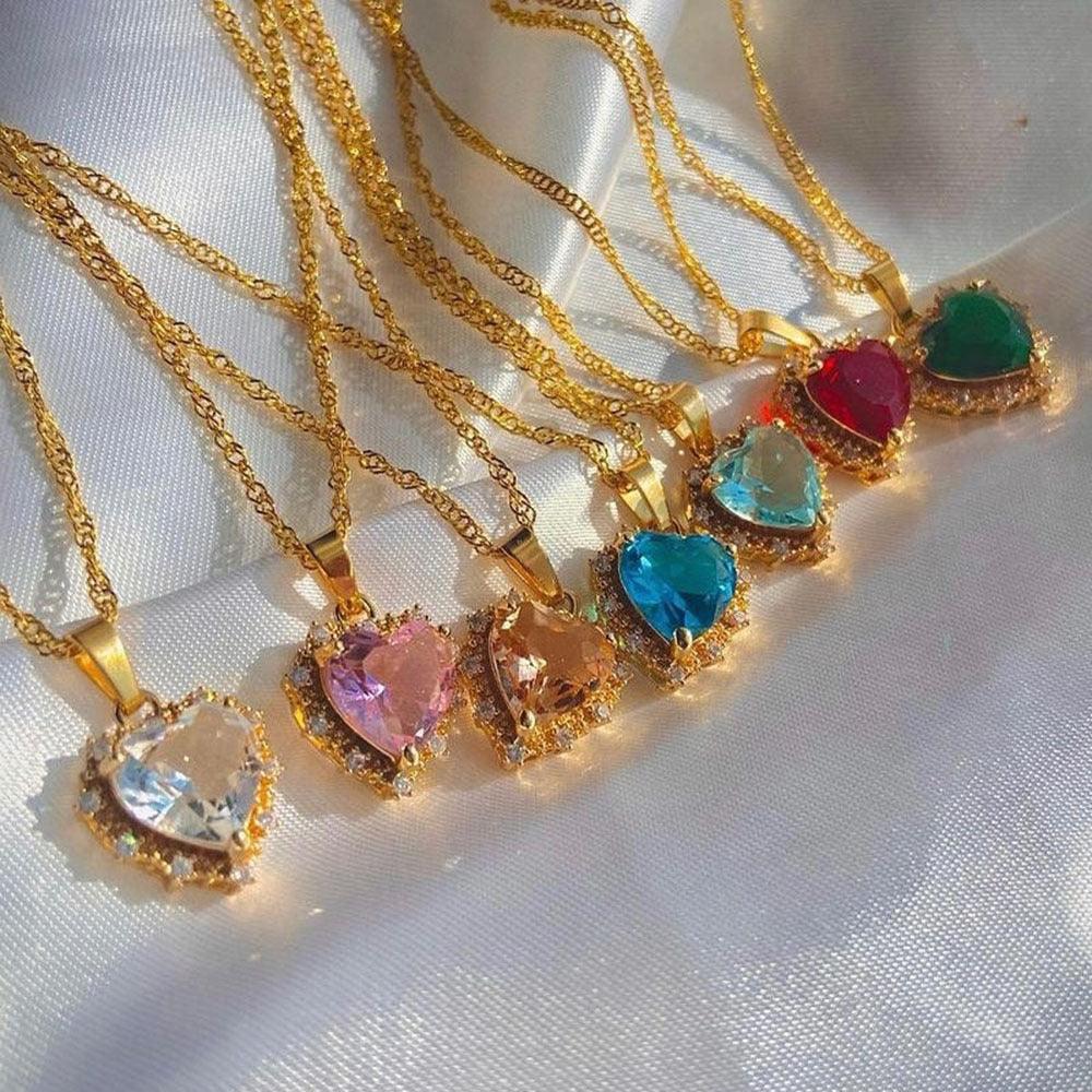 Colorful Rhinestones Heart-shped Necklace Love Gold Clavicle Chain Ins Personalized Jewelry For Women Valentine's Day - Twin suppliers 