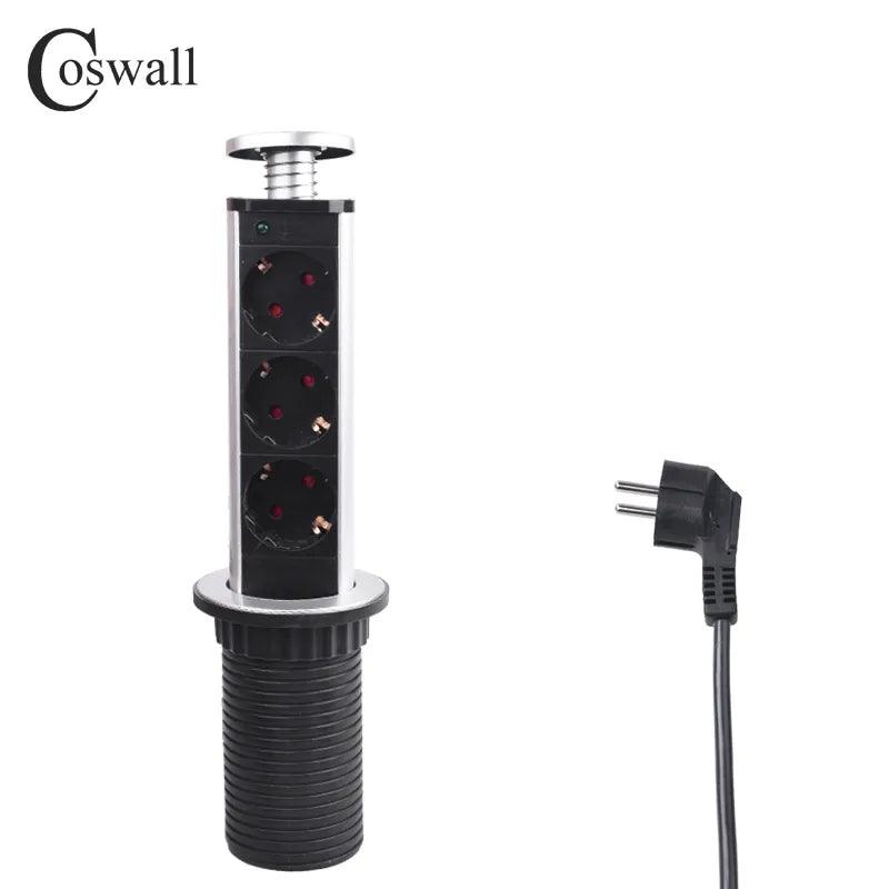 COSWALL PULL POP UP 3 Socket 2 USB Charge Port Kitchen Table Desktop Outlet Retractable EU Plug Aluminum Body Blue Backlight - Twinsupliers