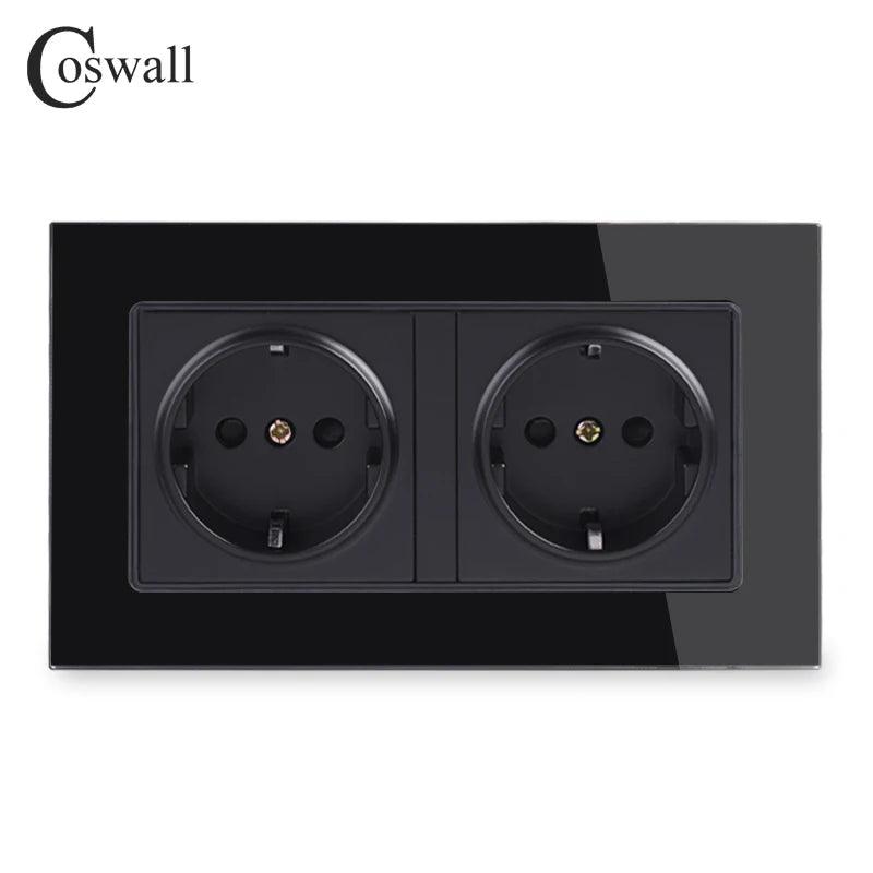 COSWALL Wall Glass Panel Power Socket Grounded EU Russia Spain Double Outlet With Children Protective Lock 146 * 86mm C1 Series - Twinsupliers