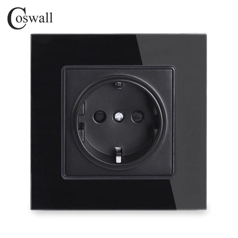 Coswall Wall Tempered Glass Panel Power Socket Grounded 16A EU Russia Spain Outlet With Children Protective Lock - Twinsupliers