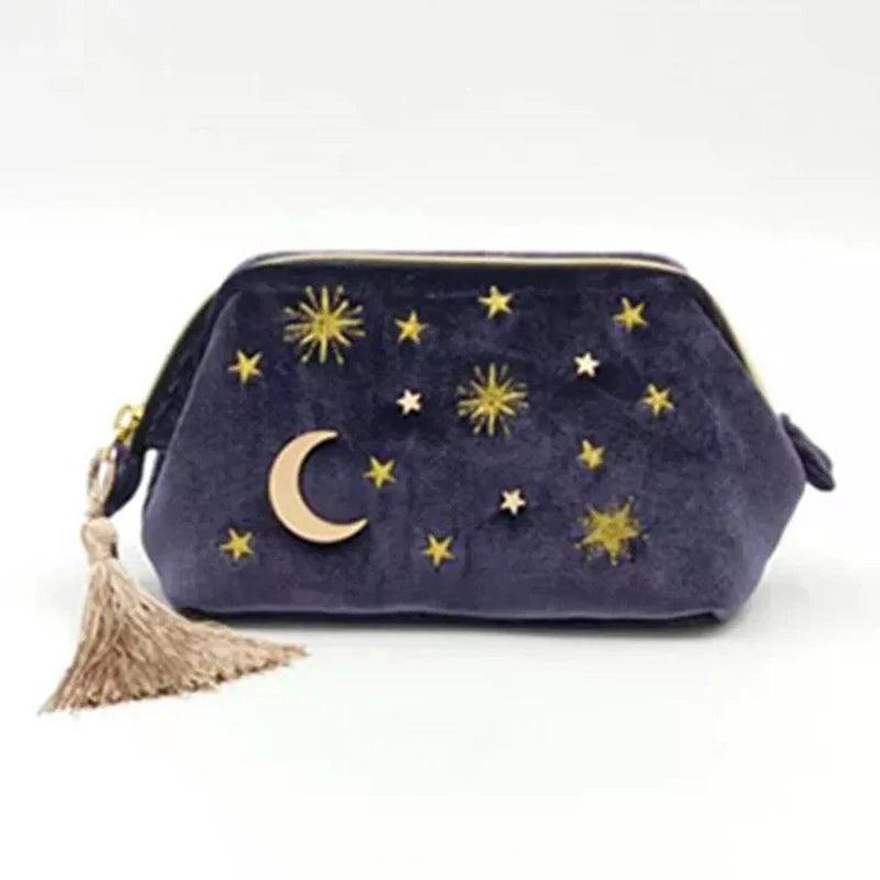 Cute Velvet Embroidery Cosmetic Bag Travel Organizer Women Makeup Bag Zipper Make Up Pouch with Moon Star Tassel Deco - Twinsupliers