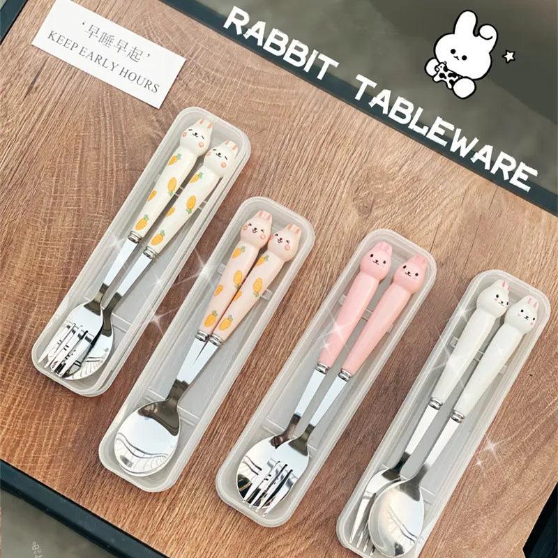 Cutlery Cartoon Rabbit Spoon Fork Chopsticks Sets Portable Lunch Tableware Stainless Steel Travel Dinnerware Kitchen Supplies - Twinsupliers