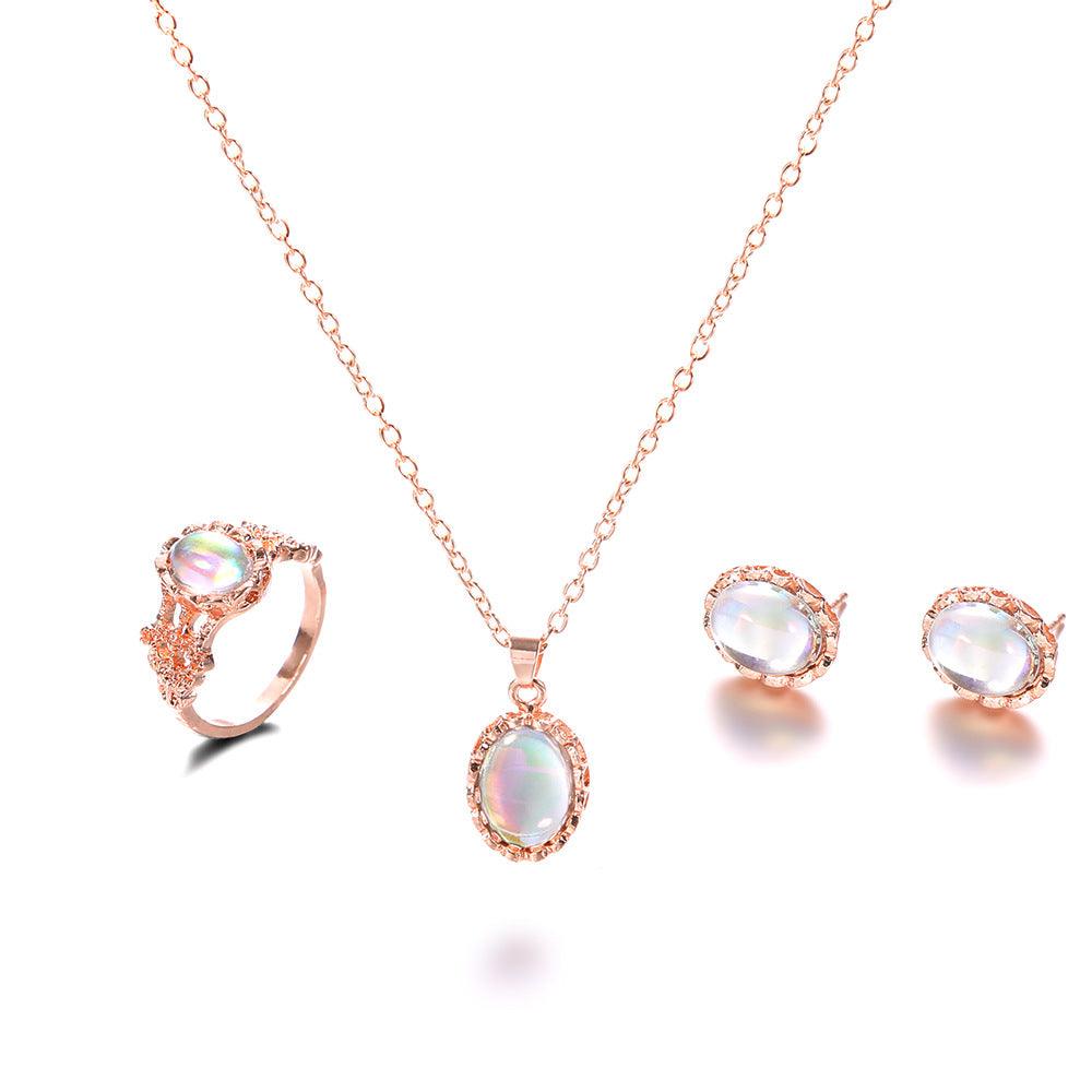 Dazzling gemstone trend jewelry set Fashion Europe and new necklace earrings ring set - Twinsupliers