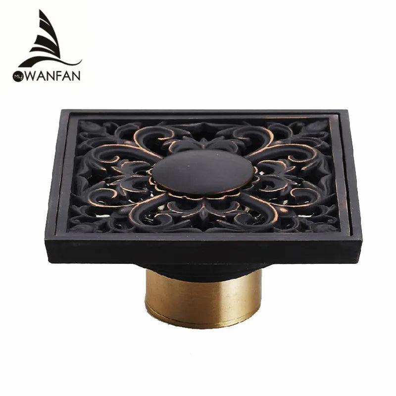 Drain 10cm Square Black Brass Shower Drain Strainer Floor Cover Art Carved Balcony Bathroom Bath Accessories Grate Waste SY-073R - Twinsupliers