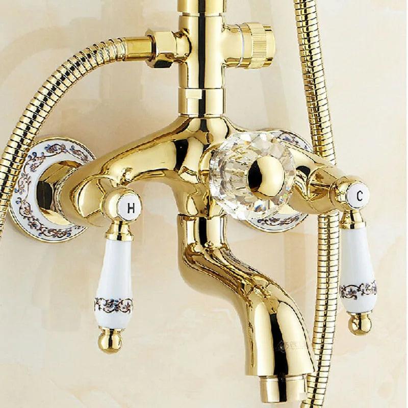 Golden Bathroom 8" Rainfall Shower Tub Faucet Set Wall Mounted Rotate Spout Two Handles Shower Mixer Tap Ceramic Handshower - Twinsupliers