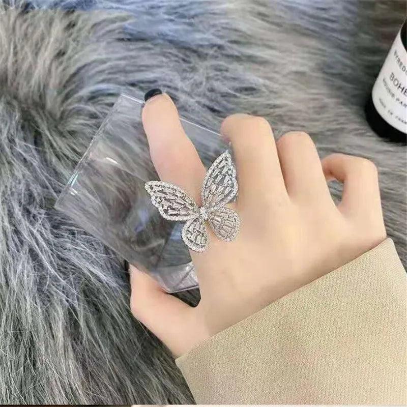 Ins Top Sell Sparkling Luxury Jewelry 925 Sterling Silver 5A Cubic Zircon Open Ring Eternity Women Wedding Adjustable Butterfly - Twinsupliers