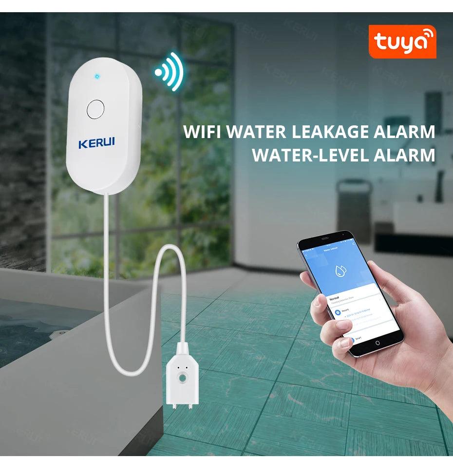 KERUI WiFi Water Sensor Smart Home Kitchen Water Leak Detector Tuya APP Monitoring of Leaks Phone Notification Security Alarm - Twin suppliers 