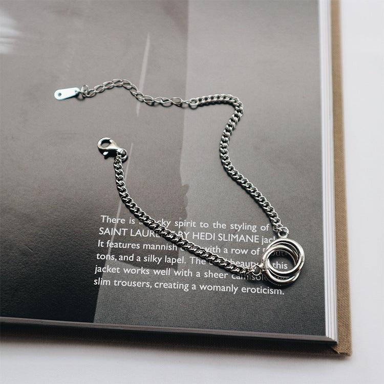 Korean fashion trend S925 Sterling Silver double ring, retro flat chain, silver bracelet Jewelry - Twinsupliers