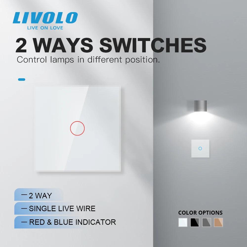 Livolo EU Standard 1 Gang 2 Way Wall Touch Control Switch,Crystal Glass Panel Light Switch 220-250V,Cross Switch,Pass Through - Twinsupliers