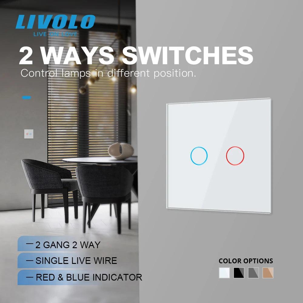 Livolo EU Standard Touch Switch, 2Gang 2Way Control, 7colors Crystal Glass Panel,Wall Light Switch,220-250V,C702S-1/2/3/5 - Twinsupliers