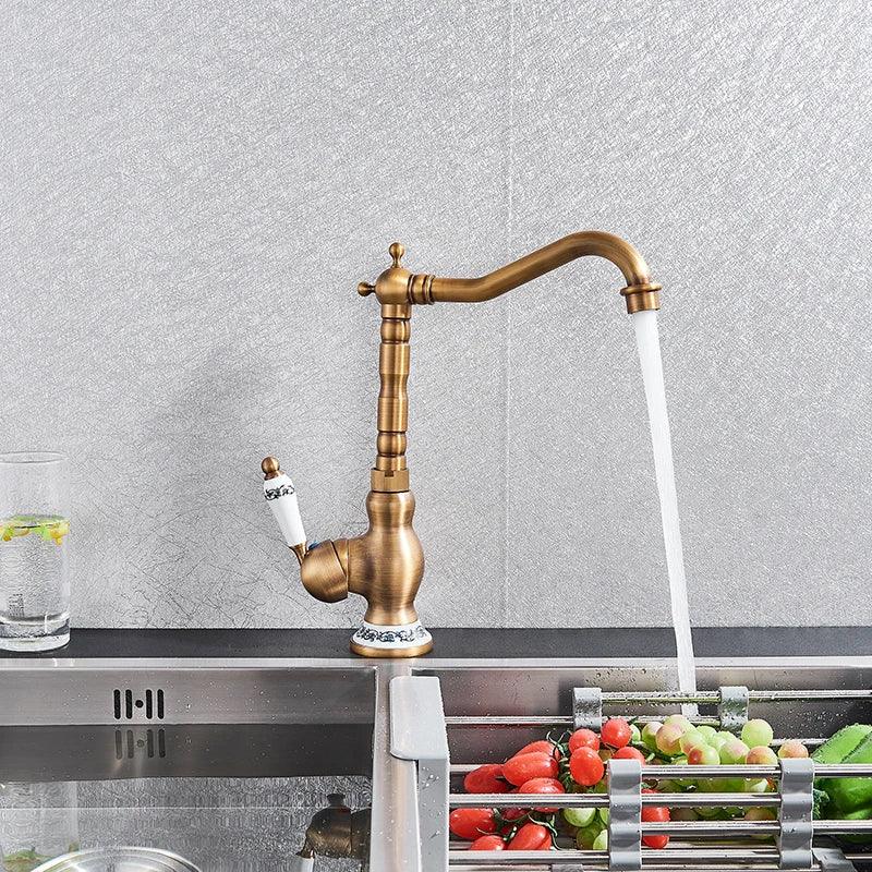 Modern Basin Faucet Antique Brass Ceramic Handle Bathroom Sink Mixer Tap Deck Mounted 360° Kitchen Hot Cold Water Faucets Crane - Twinsupliers