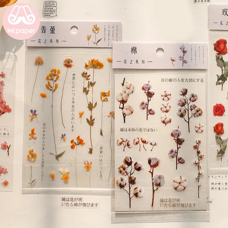 Mr.Paper 12 Designs Natural Daisy Clover Japanese Words Stickers Transparent PET Material Flowers Leaves Plants Deco Stickers - Twinsupliers