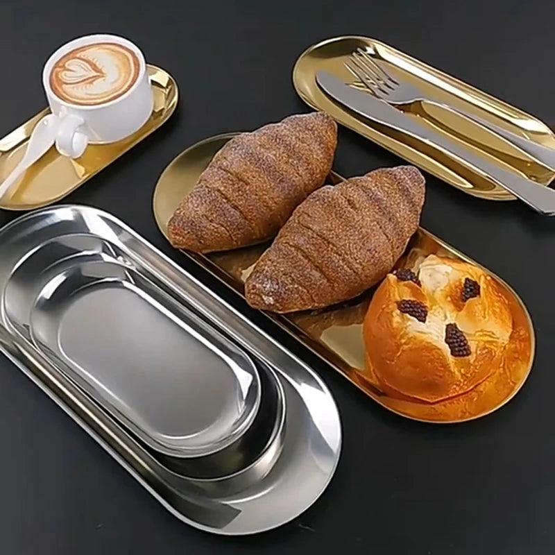 Nordic Style Gold Silver Stainless Steel Dessert Dining Plate Nut Cake Fruit Plate Towel Tray Snack Western Steak Kitchen Plate - Twinsupliers